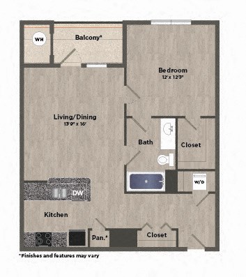 Floor plan for 1 bed, 1 bath, 748 sqft